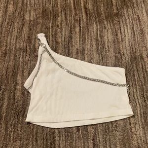 LF one-shoulder white crop top with chain